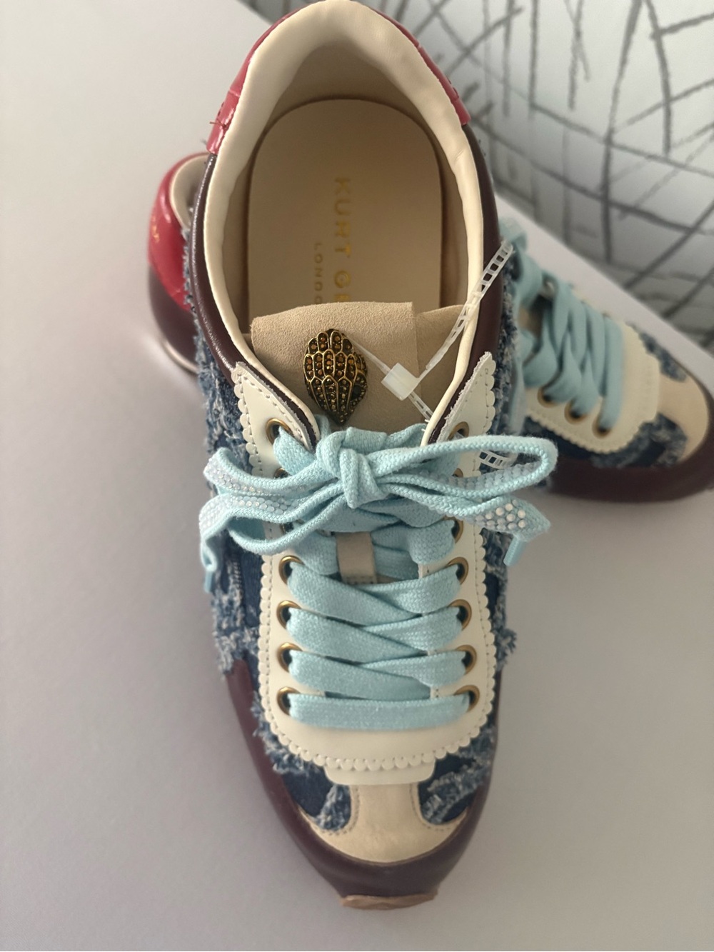 Kurt Geiger London Islington Frayed Denim Sneaker with Leather Accents . - Picture 4 of 13